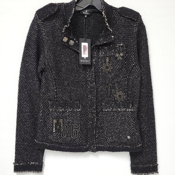 Monari Women's Black Cardigan W/Buttons/Snowflakes/Shoulder Pads Size 6 - Picture 1 of 12